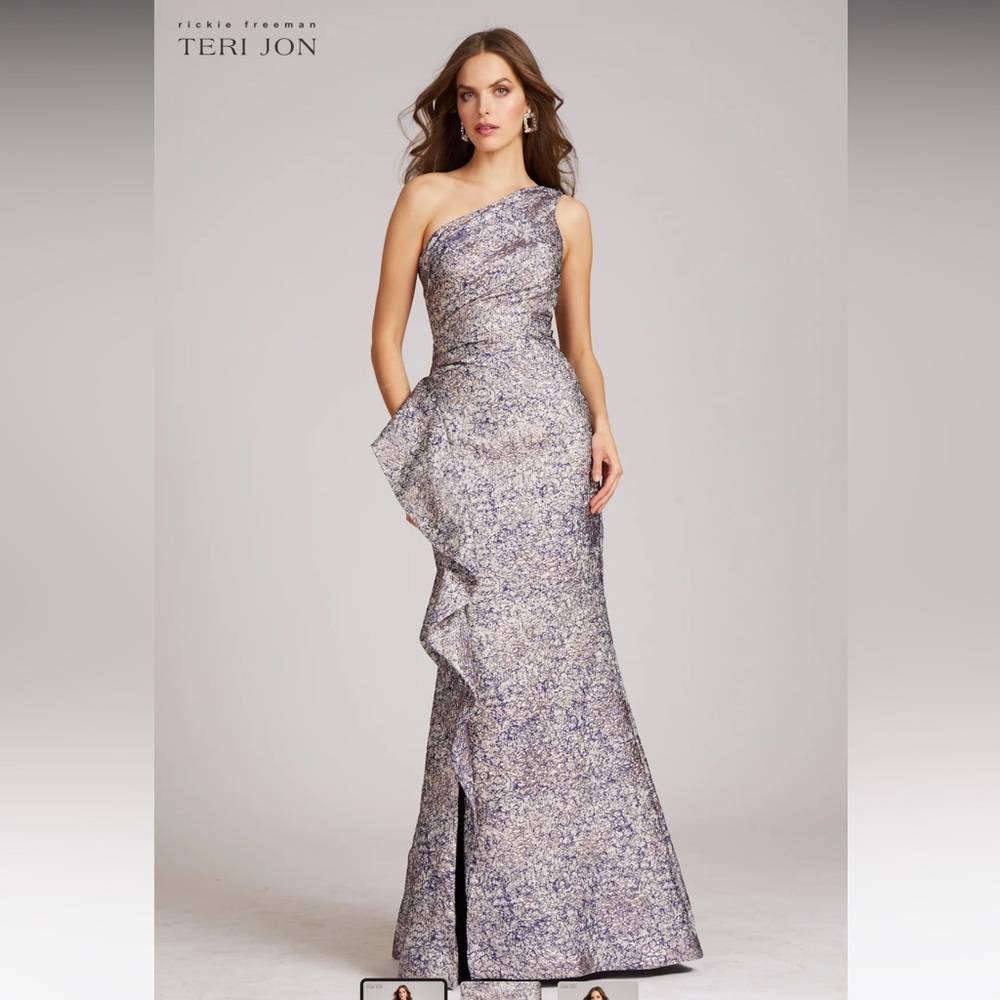 Rickie freeman  TERI JON - Jacquard One Shoulder Side Ruffle Gown - size 6